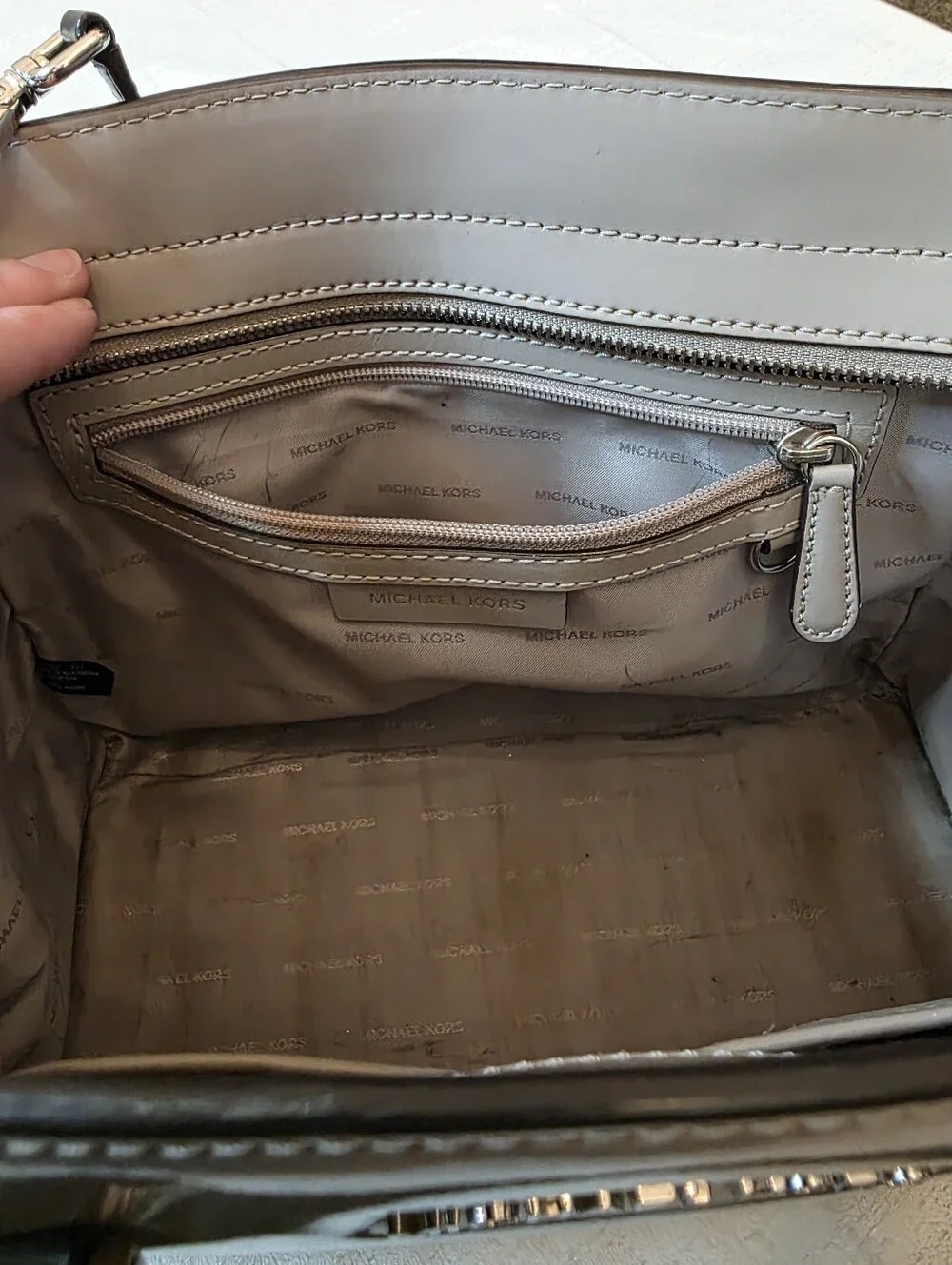 Michael Kors Selma Medium Patent Leather Satchel Crossbody Dark Cement Gray